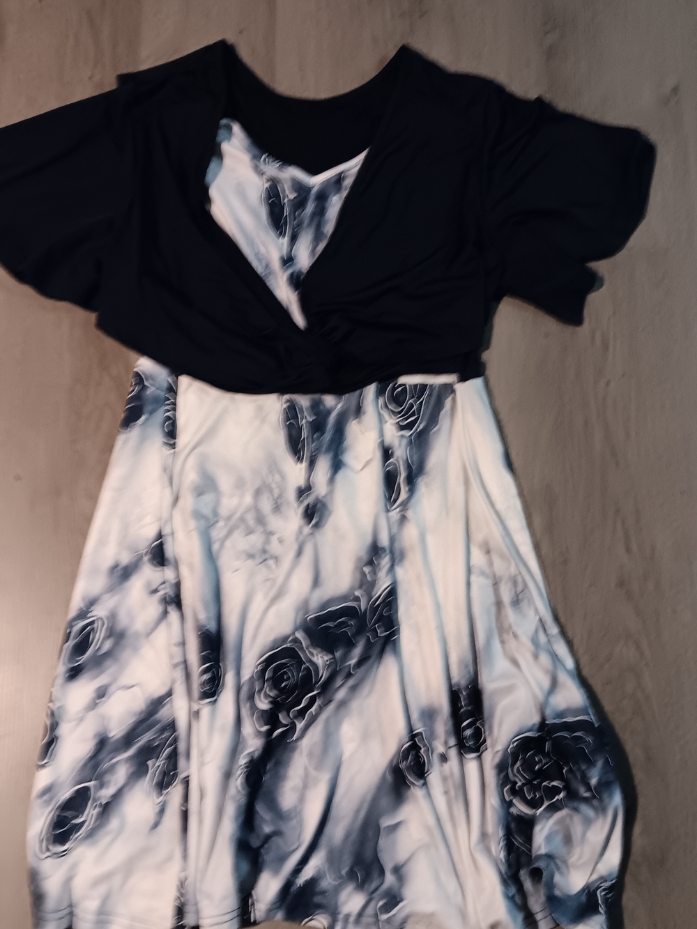 Navy Top with White & Navy Rose Print Skirt Dress